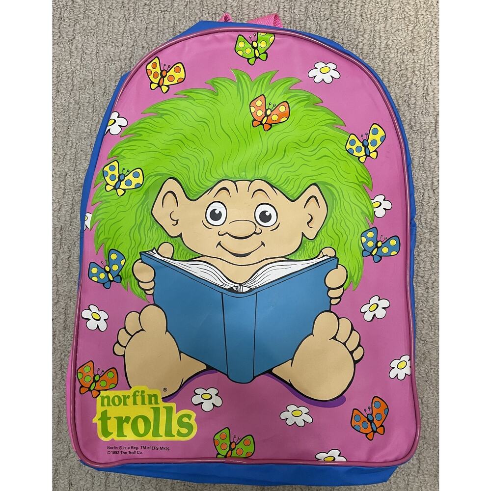 Vintage 90s Norfin Trolls Toddler Backpack Kids EUC Pink Blue Green Hair Troll